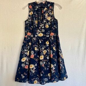 re:named Floral‎ Print Dress Sleeveless Bow Neck Navy Blue Party Cute Cottage M